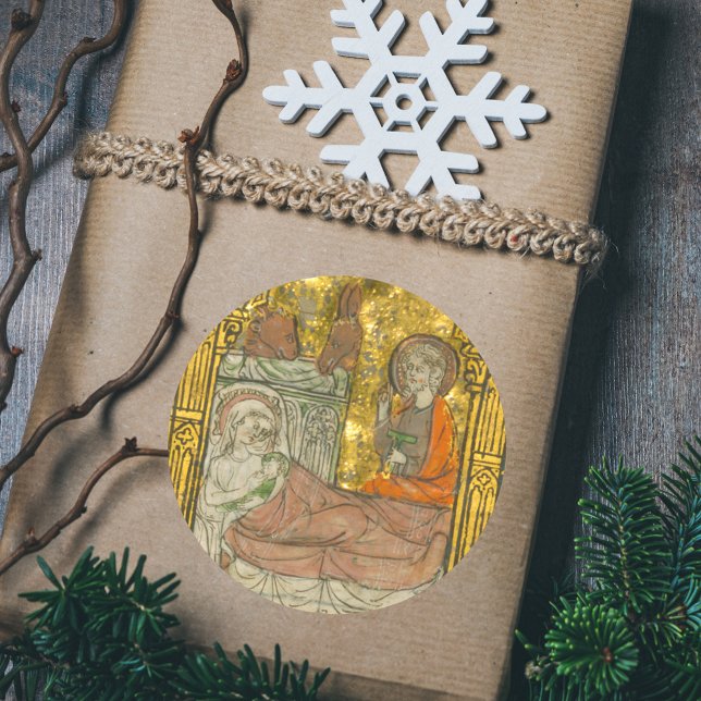 Medieval Catholic Christian Christmas Nativity  Classic Round Sticker (Medieval Manuscript Vintage Religious Catholic Christian Christmas Nativity Scene Gift Sticker)