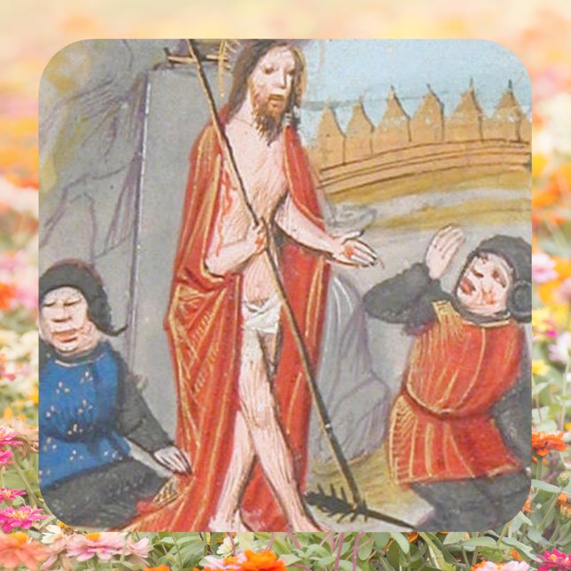 Medieval Catholic Resurrection Jesus Christ Easter Square Sticker (Easter Medieval Religious Christian Catholic Resurrection Jesus Christ is risen Square Sticker)