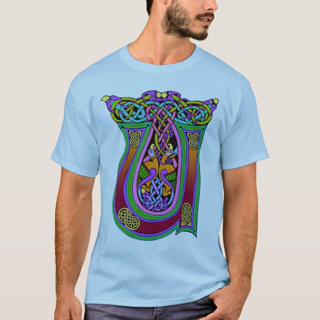 Medieval Celtic Monogram "U", Art Knots Design T-Shirt (Front)