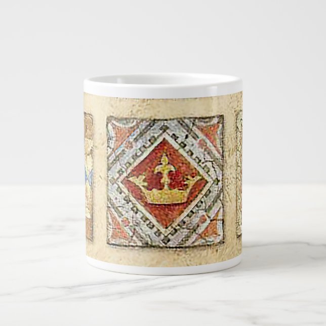 Medieval Ceramic Tile Crowns Fleur De Lis Giant Coffee Mug (Front)