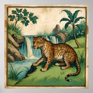 Medieval Charming Waterfall Leopard Poster