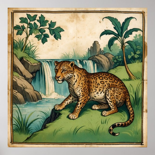 Medieval Charming Waterfall Leopard Poster (Front)