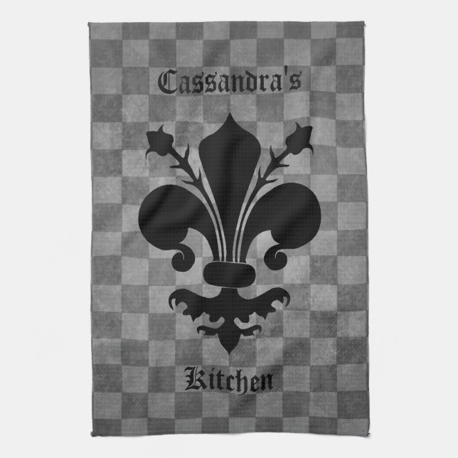 Medieval checkerboard fleur de lis kitchen towel (Vertical)