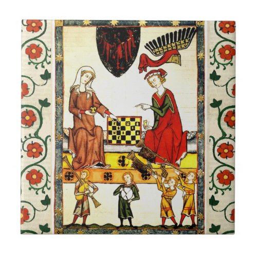 MEDIEVAL CHESS PLAYERS IN COURT AND RED WILD ROSES CERAMIC TILE