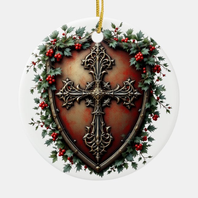 Medieval Christmas Shield with Gothic Cross  Ceramic Ornament (Front)