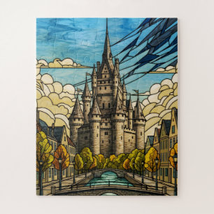 Medieval Cityscape over Canal Stained Glass Illust Jigsaw Puzzle