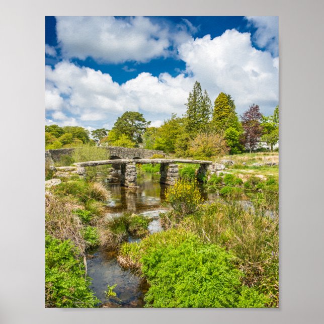 Medieval clapper bridge over river in Dartmoor UK Poster (Front)