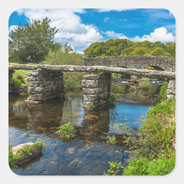 Medieval clapper bridge over river in Dartmoor UK Square Sticker (Front)