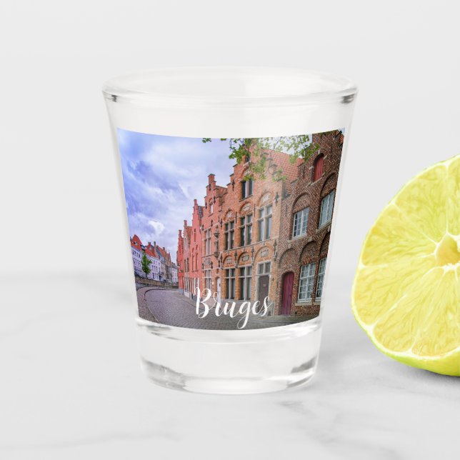 Medieval colorful brick houses in Bruges, Belgium Shot Glass (Front)