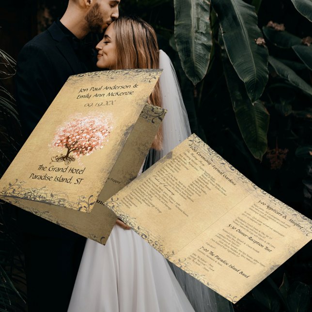 Medieval Coral Heart Leaf Tree Wedding Program (Creator Uploaded)