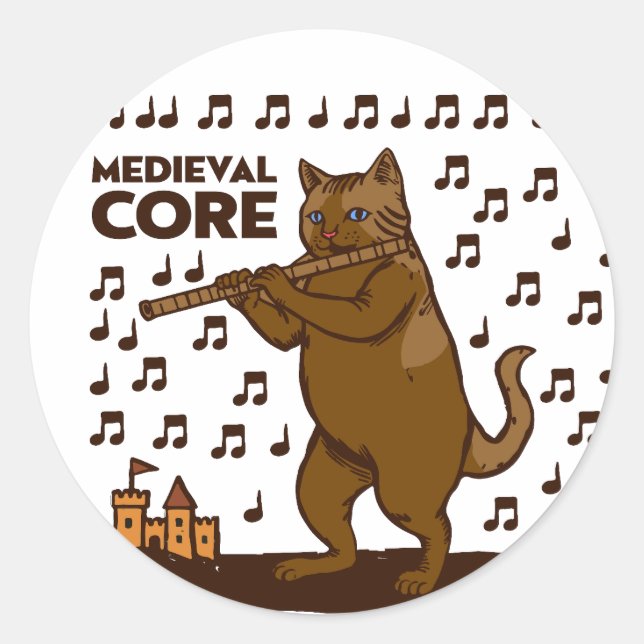 Medieval Core Funny Cat Playing Flute Art Classic Round Sticker (Front)