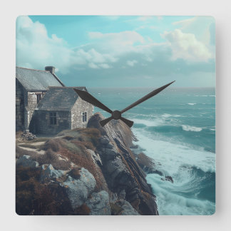 Medieval Cottage on a Cliff Square Wall Clock