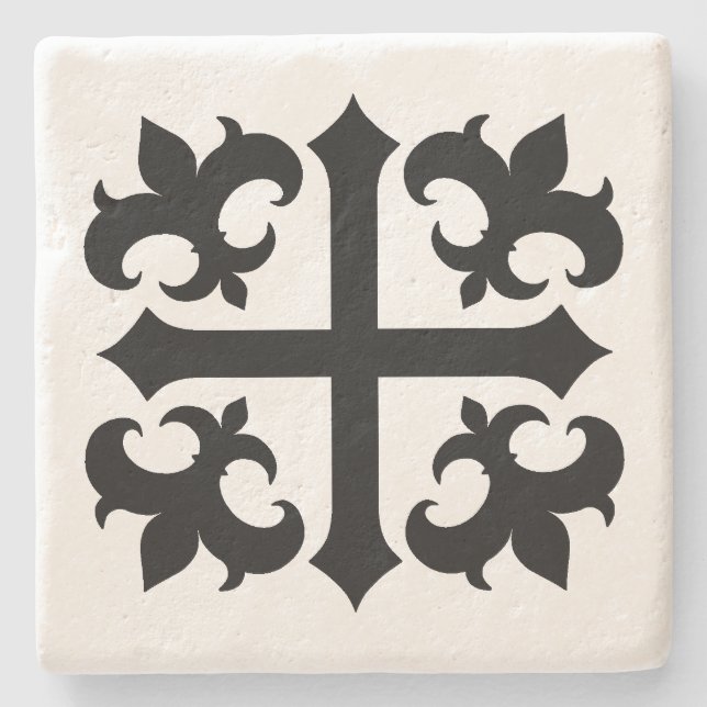 Medieval cross and fleur de lis symbols stone coaster (Front)
