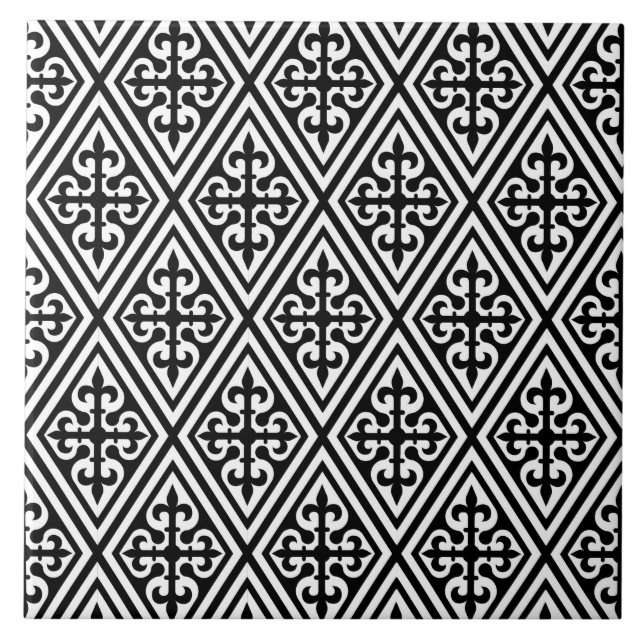 Medieval Cross Damask - Black and White Ceramic Tile (Front)
