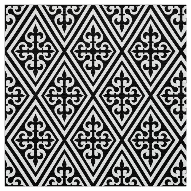 Medieval Cross Damask - Black and White Fabric (Swatch)
