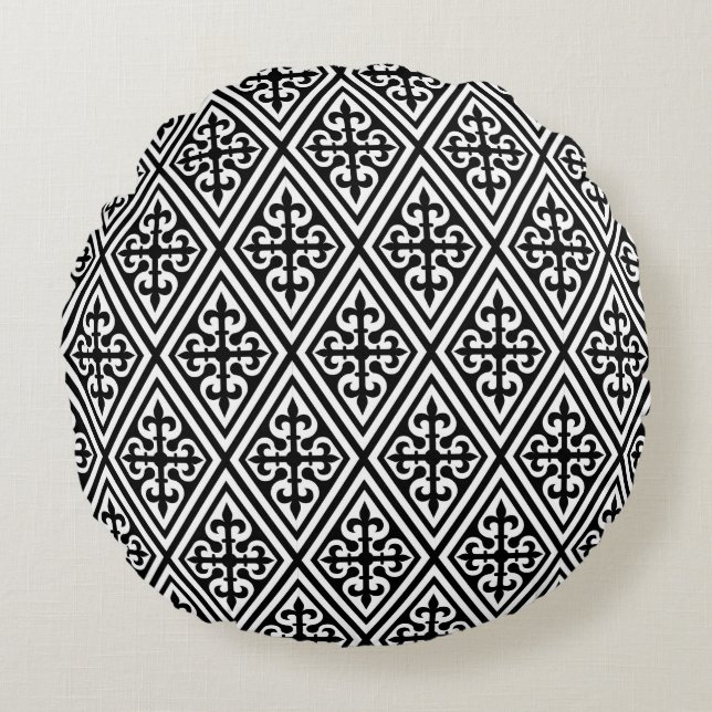 Medieval Cross Damask - Black and White Round Pillow (Front)