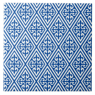 Medieval Cross Damask - Cobalt Blue and White Ceramic Tile