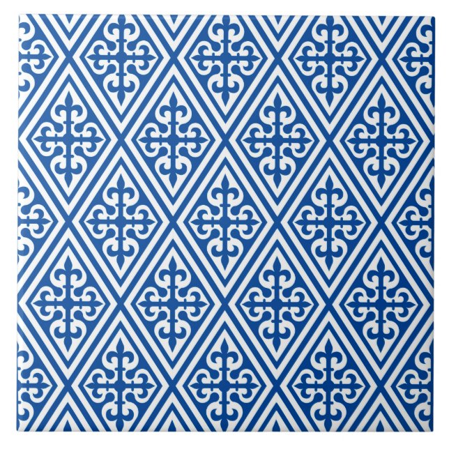 Medieval Cross Damask - Cobalt Blue and White Ceramic Tile (Front)