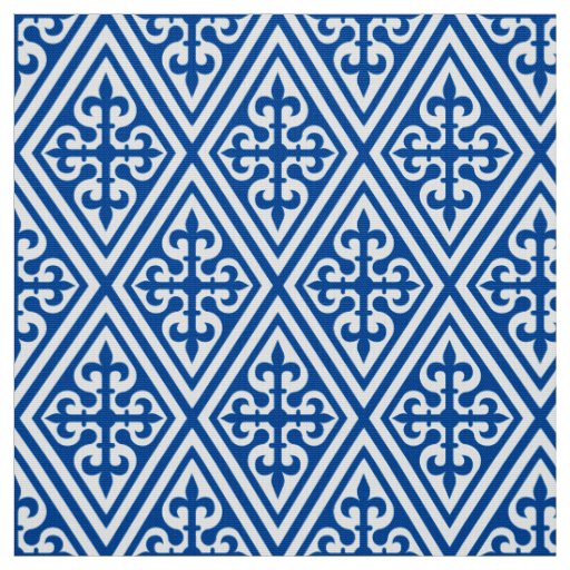 Medieval Cross Damask - Cobalt Blue and White Fabric