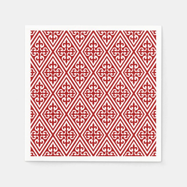 Medieval Cross Damask - Deep Red and White Paper Napkins (Front)