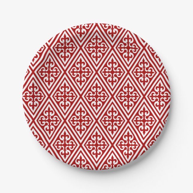 Medieval Cross Damask - Deep Red and White Paper Plates (Front)