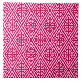 Medieval Cross Damask - Fuchsia Pink Ceramic Tile