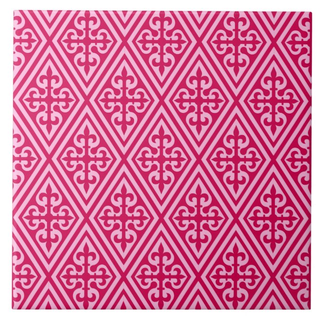 Medieval Cross Damask - Fuchsia Pink Ceramic Tile (Front)