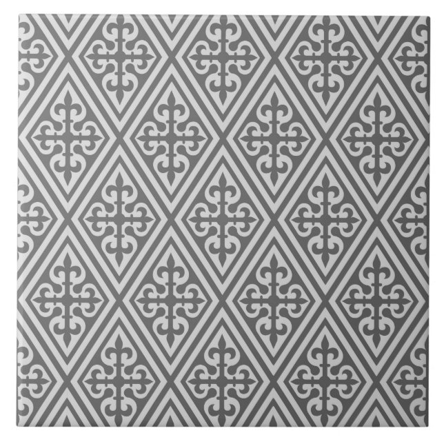 Medieval Cross Damask - Silver Grey / Gray Ceramic Tile (Front)