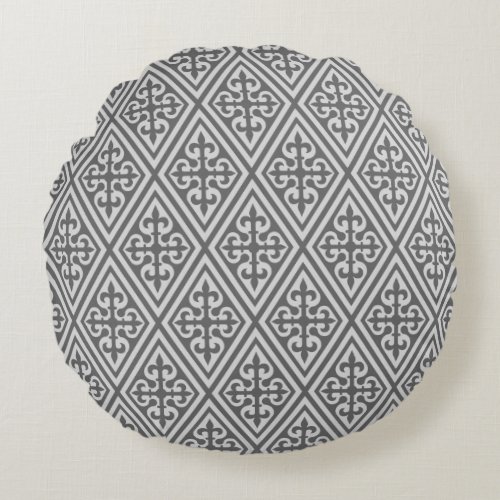 Medieval Cross Damask _ Silver Grey  Gray Round Pillow