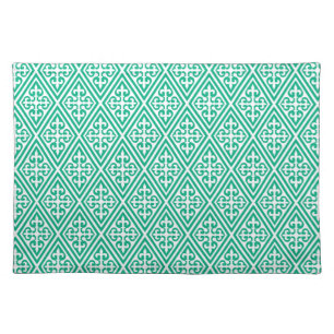 Medieval Cross Damask - Turquoise and White Cloth Placemat
