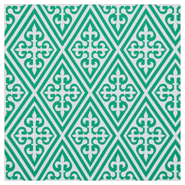 Medieval Cross Damask - Turquoise and White Fabric (Swatch)