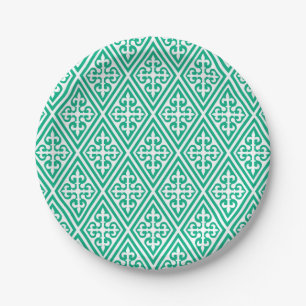 Medieval Cross Damask - Turquoise and White Paper Plates