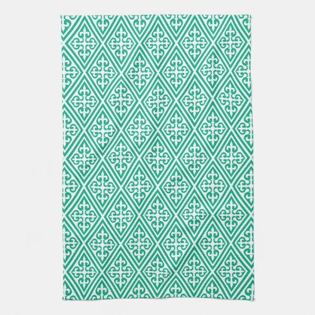 Medieval Cross Damask - Turquoise and White Towel (Vertical)