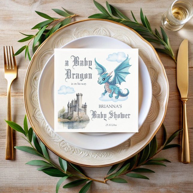Medieval cute baby dragon baby shower monogrammed  napkins (Medieval cute blue baby dragon baby shower monogrammed napkins personalized printed napkins)