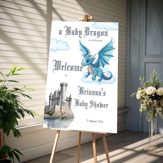 Medieval cute baby dragon baby shower welcome sign (Medieval castle cute blue baby dragon baby shower personalized welcome sign board)