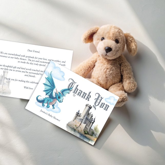 Medieval cute blue baby dragon baby shower thank you card (Medieval cute blue baby dragon baby shower thank you cards fantasy dragon thank you cards)