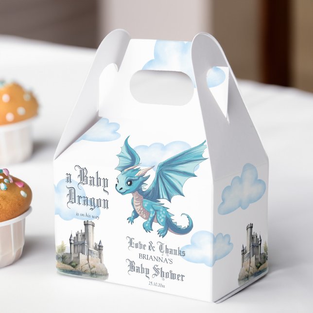 Medieval cute blue  dragon baby shower customized favor boxes (Medieval cute blue baby dragon baby shower favors personalized printed favor boxes)