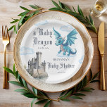 Medieval cute blue  dragon baby shower customized paper plates<br><div class="desc">Medieval cute baby dragon  baby shower monogrammed paper plates template,  pastel neutral color cute blue baby dragon baby shower personalized plates,  medieval baby shower customized paper plates medieval castle fantasy baby shower personalized table decor printed paper plates</div>
