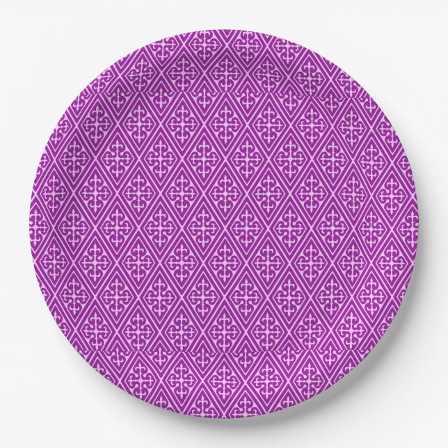 Medieval Damask Diamonds, amethyst purple Paper Plates (Front)