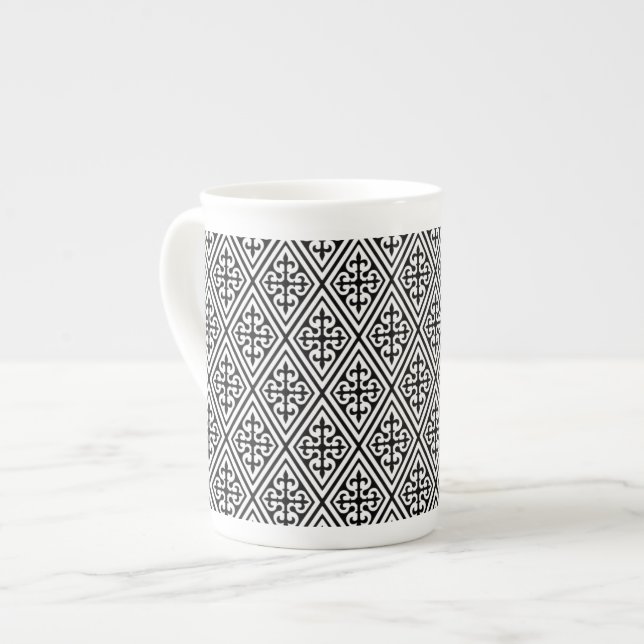 Medieval Damask Diamonds, black and white Bone China Mug (Front Left)