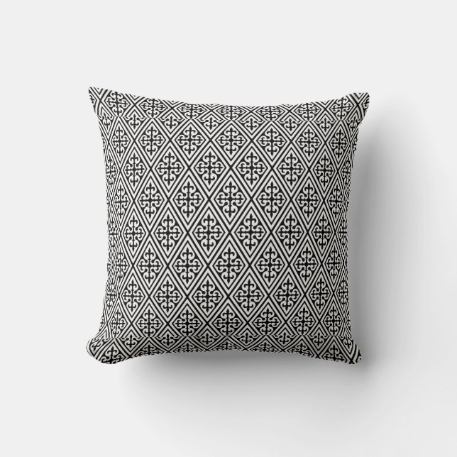 Medieval Damask Diamonds, black and white Throw Pillow (Front)