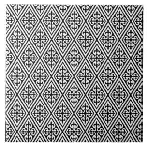 Medieval Damask Diamonds, black and white Tile
