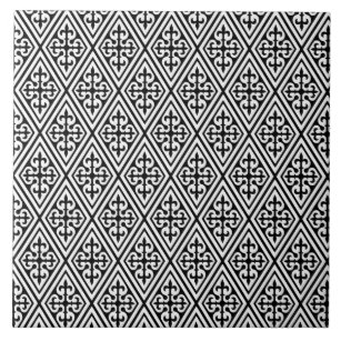 Medieval Damask Diamonds, black and white Tile