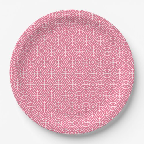 Medieval Damask Diamonds coral pink  white Paper Plates