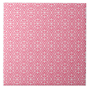 Medieval Damask Diamonds, coral pink & white Tile