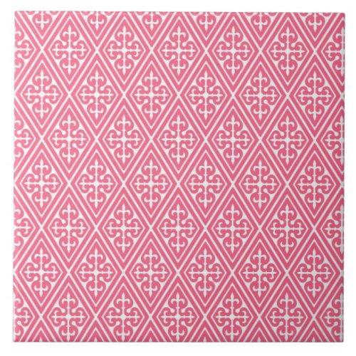 Medieval Damask Diamonds coral pink  white Tile