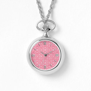Medieval Damask Diamonds, coral pink & white Watch