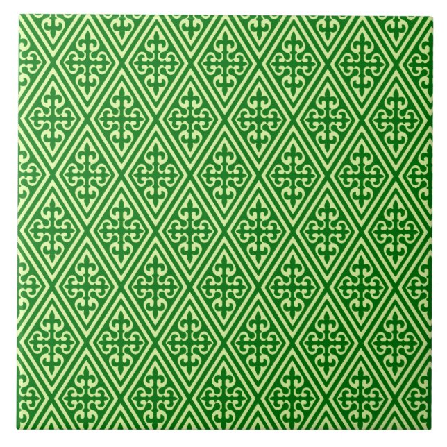 Medieval Damask Diamonds, dark pine green Ceramic Tile (Front)