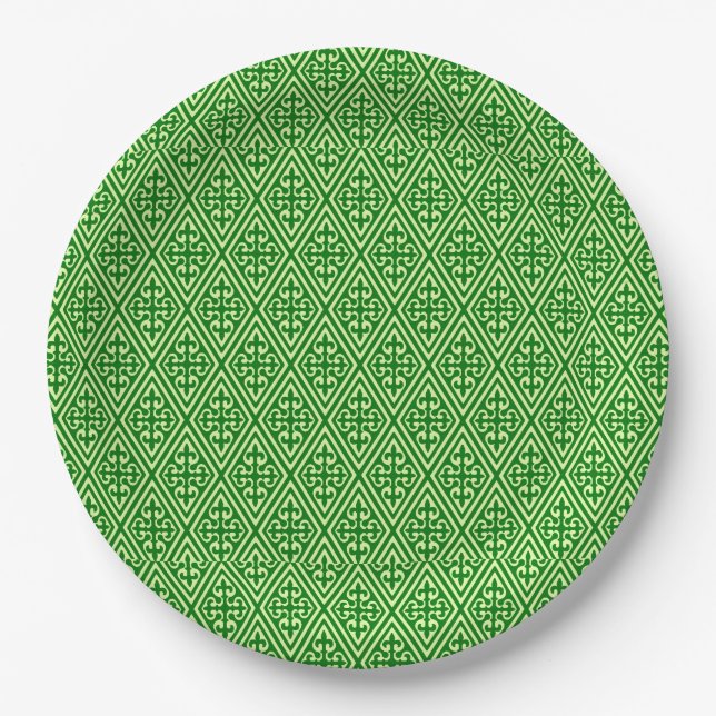 Medieval Damask Diamonds, dark pine green Paper Plates (Front)
