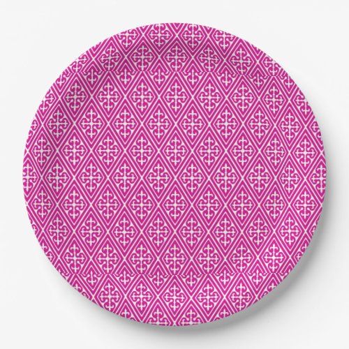 Medieval Damask Diamonds magenta and white Paper Plates